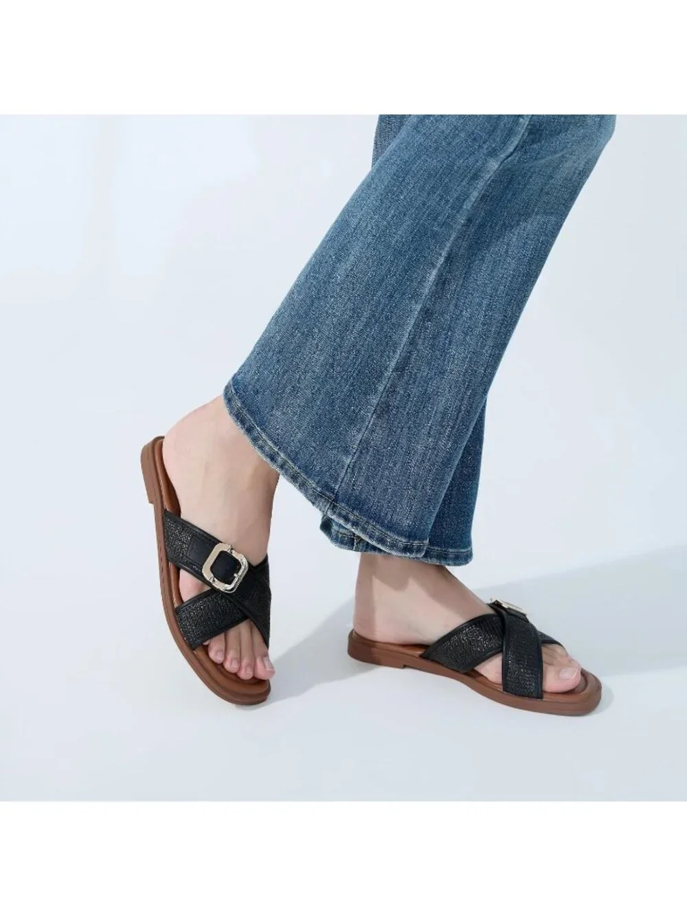 Women's Dark Black Square Toe Flat Sandals Slides Dressy Comfortable for Beach